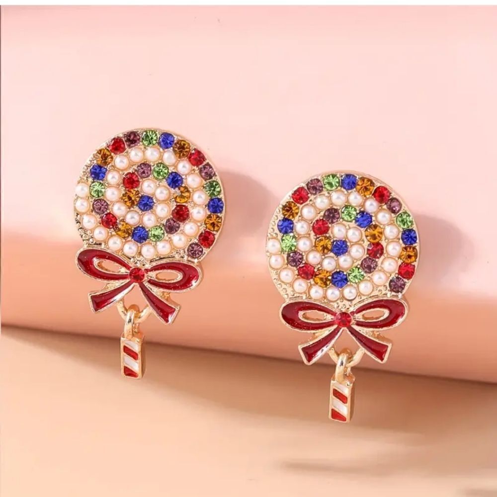 Cb#5 LOLLIPOP rhinestone pearl christmas earrings